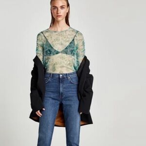 Nwt Zara Tara Green Floral Long Sleeve Top